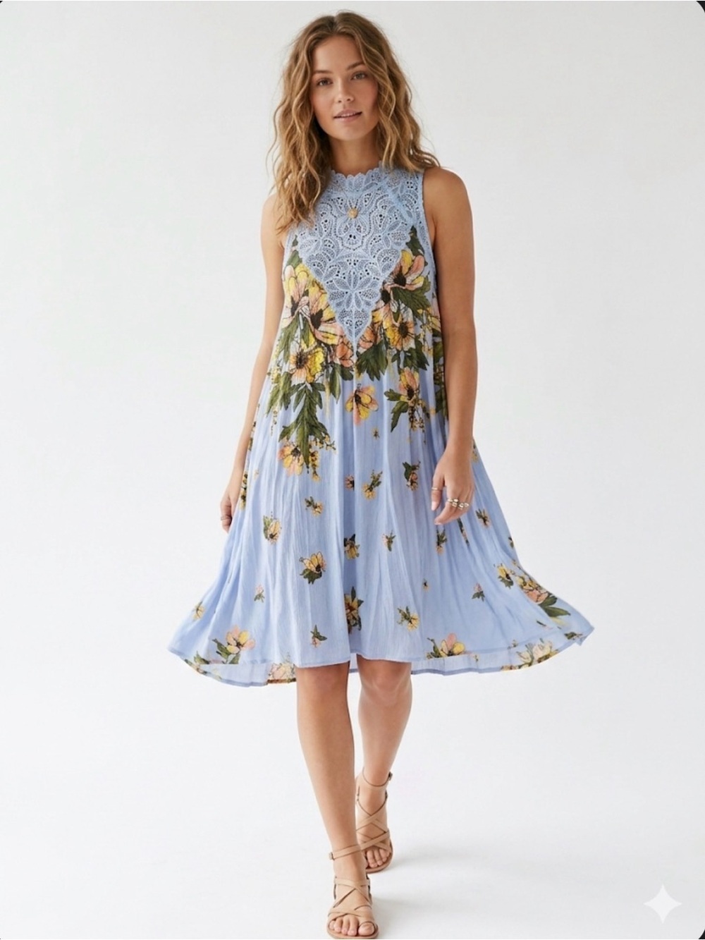 Free People Intimately Lace Floral Tunic Top Blue Yellow Boho
